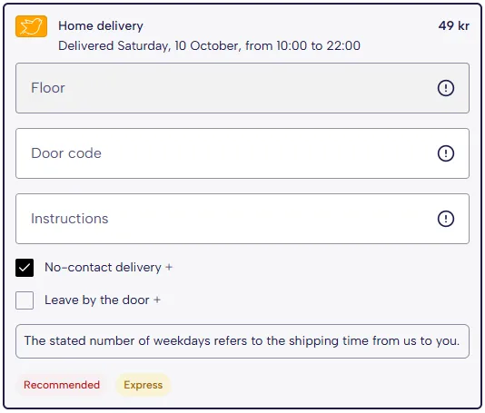 The Home delivery option selected: 49 kr, delivered Saturday 10 October from 10 to 22, with Floor, Door code and Instructions fields, No-contact delivery ticked, Leave by the door unticked, an info box and Recommended and Express badges