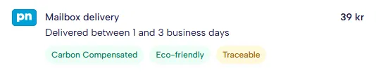 The Mailbox delivery option: 39 kr, delivered between 1 and 3 business days, with Carbon Compensated, Eco-friendly and Traceable badges