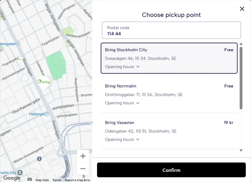 The Choose pickup point dialog: a map of central Stockholm beside a list of Bring Stockholm City (Free), Bring Norrmalm (Free) and Bring Vasastan (19 kr), each with an address and opening hours