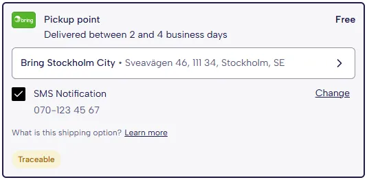 The Pickup point option selected: Free, delivered between 2 and 4 business days, with Bring Stockholm City chosen, SMS Notification ticked with a phone number, a Learn more link and a Traceable badge