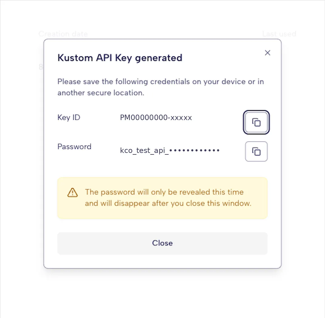 The Kustom API Key generated dialog, showing a Key ID and a Password with a copy button beside each
