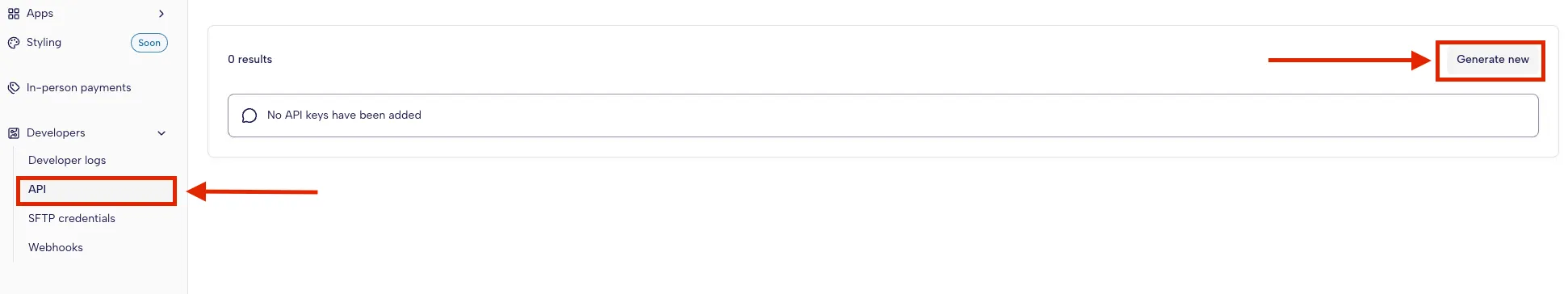 The Kustom Portal's Developers → API page, with API selected in the sidebar and the Generate new button highlighted