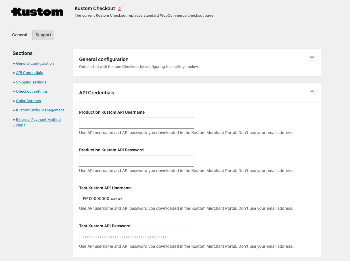 The plugin's API Credentials section, with Production and Test API Username and Password fields and the Test pair filled in