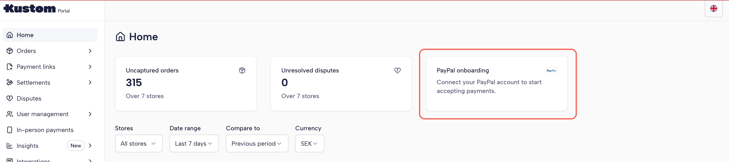Kustom Portal — Home page with PayPal onboarding card
