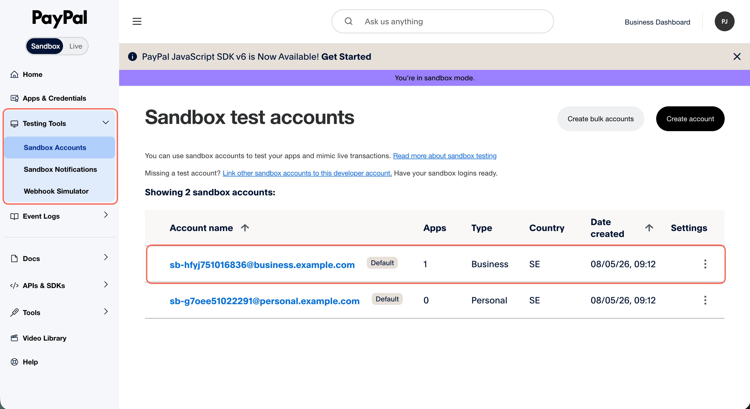 PayPal Developer Dashboard — Sandbox Accounts list